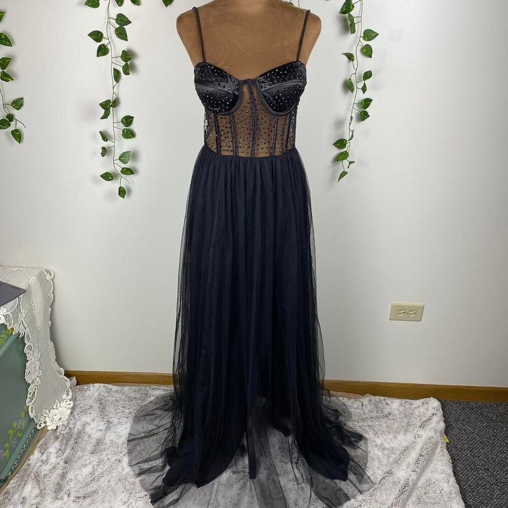 Formal black maxi dress studded corset top sheer mesh alt goth witchy rhinestone
